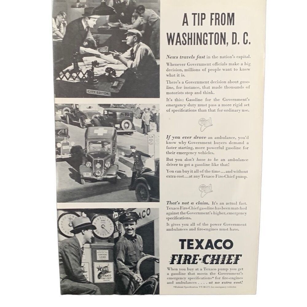 Vintage 1935 Texaco Fire-Chief Tip from Washington Ad Advertisement